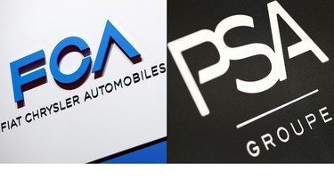 (FILES) This file combination of pictures created on October 30, 2019 shows car makers Fiat Chrysler (FCA) (L) and Peugeot Citroen (PSA) logos whose mega-merger will be named Stellantis, the group announced on July 15, 2020. (Photos by Harold CUNNINGHAM and Daniel ROLAND / AFP) (Photo by HAROLD CUNNINGHAM,DANIEL ROLAND/AFP via Getty Images)