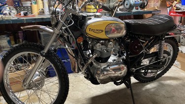 Ian Simister’s most recent motorcycle restoration, this one a 1973 Triumph TR5T. Approximately only 2,300 to 2,400 of these dual-purpose Triumphs left the factory.