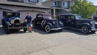 Dave Ludwick with the lineup of cars owned by his grandfather: 1926 McLaughlin Buick, 19354 Oldsmobile sport coupe and 1937 Packard 115C sedan.