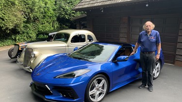 Jerry Abramson and his 2020 Corvette alongside two of his hot rod classics.