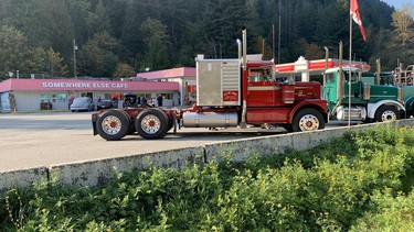 Classic big rigs line up at the Dogwood Valley Truck Stop in B.C.'s Fraser Canyon to honour Gail Marlatt for her years of providing home-cooked meals for drivers.