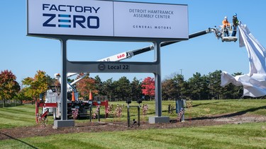 A sign is unveiled at General Motors Detroit-Hamtramck Assembly Friday, October 16, 2020 - introducing a new name: Factory ZERO, Detroit-Hamtramck Assembly Center. The facility will be known as Factory ZERO, which reflects the significance of this assembly center advancing GM’s zero-crashes, zero-emissions and zero-congestion future. GM is investing $2.2 billion to make Factory ZERO its first fully dedicated electric vehicle assembly facility. (Photo by Steve Fecht for General Motors)