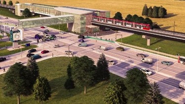 An artist's rendering of where a future LRT station would be built across from the Nepean Sportsplex with a connecting pedestrian bridge over Woodroffe Avenue.