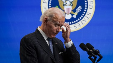 U.S. President Joe Biden pauses while speaking after signing an executive order related to American manufacturing in the South Court Auditorium of the White House complex on January 25, 2021 in Washington, DC.