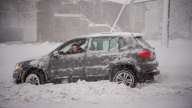 Drivers cars are stuck on RT 347 during a blizzard that hit the metro area on February 9, 2017 in Hauppauge, New York.