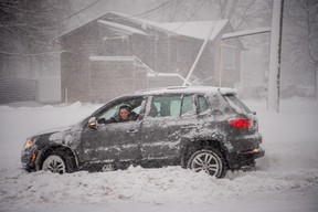Drivers cars are stuck on RT 347 during a blizzard that hit the metro area on February 9, 2017 in Hauppauge, New York.