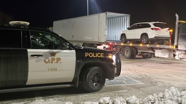 A Northumberland OPP SUV with one of three recovered stolen vehicles, seized after a tip came in from York Regional Police, on February 7, 2021.