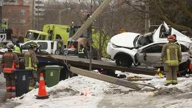 A GFL garbage truck demolished five cars, a light standard and damaged a home after it swerved up onto lawns and driveways along a stretch of Dixon Rd., near Royal York Rd., around 7 a.m. on Friday, Feb. 5, 2021.