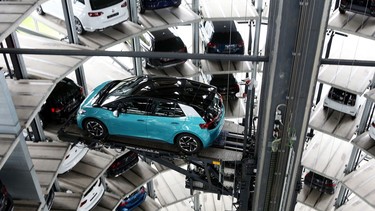 A new VW ID.3 inside one of the automaker's Autostadt delivery towers at the VW headquarters in Wolfsburg, Germany.