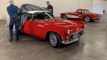 Ewald Penner of Jellybean Autocrafters and Dan Ward unveil the freshened-up 1956 Thunderbird purchased as a tribute to Dan’s late mother who always wanted a car like this.