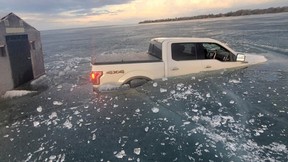 A Ford F-150 that fell through the ice in Ontario