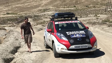 EV adventurer Chris Ramsey with the Nissan Leaf during his epic adventure that took him from the United Kingdom to Mongolia.