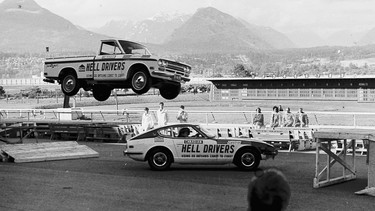 Canadian Hell Drivers do a ramp to ramp leap over a Datsun 240Z in 1971 at the PNE in Vancouver.