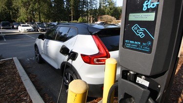 The XC40 Recharge juices up at a Flo charging station at the Capilano Dam parking lot in North Vancouver.