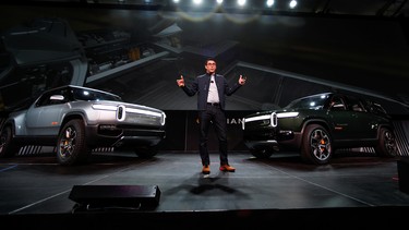R.J. Scaringe, Rivian's 35-year-old CEO, introduces his company's R1T all-electric pickup and all-electric R1S SUV at Los Angeles Auto Show in Los Angeles, California, U.S. November 27, 2018.