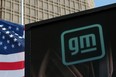 The new GM logo is seen on the facade of the General Motors headquarters in Detroit, Michigan, U.S., March 16, 2021.