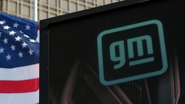 The new GM logo is seen on the facade of the General Motors headquarters in Detroit, Michigan, U.S., March 16, 2021.