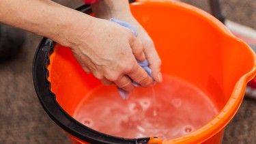 Two woman hands in a mop bucket