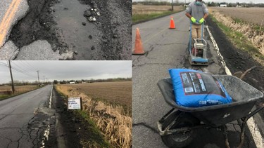 Le Chemin de la Grande-Ligne, à Carignan en Montérégie, que de bons samaritains ont réparé d'eux-mêmes...