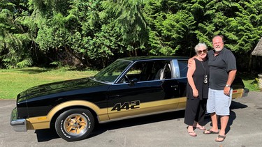 Russ and Dawn Hallbauer with the freshly restored 1978 Oldsmobile 442 that Russ bought new 43 years ago.