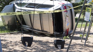 A mini van crashed into a playground in Edmonton on Monday June 28, 2021.