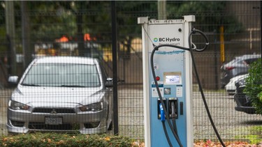 An electric vehicle charging station beside B.C. Hydro in downtown Vancouver