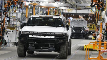 A GMC Hummer EV truck is shown at General Motors Factory Zero on August 5, 2021 in Detroit, Michigan.