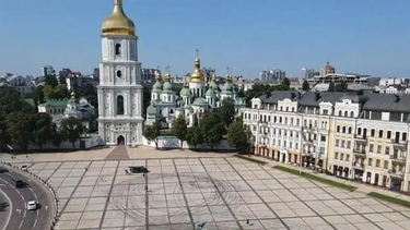 The Saint Sofia Cathedral in Kyiv, after a pair of Red Bull race cars pulled off a drift stunt mid-August 2021.