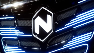 U.S. Nikola's logo is pictured at an event held to present CNH's new full-electric and hydrogen fuel-cell battery trucks in partnership with U.S. Nikola event in Turin, Italy, December 3, 2019.