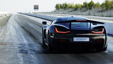 A screenshot of the Rimac Nevera on the quarter-mile strip at Famoso Raceway in August 2021