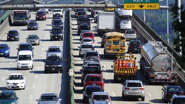 Backed-up traffic on the Second Narrows Bridge in Vancouver, BC., May 24, 2013.