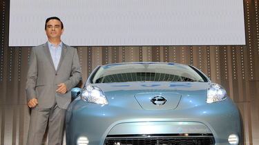 The Nissan Leaf is unveiled in 2009 by Nissan CEO Carlos Ghosn. The early model electric vehicle is now at the forefront of battery replacement issues among owners.