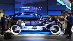 The booth of ZF Software company for autonomous mobility is seen during the International Motor Show (IAA), on September 7, 2021 in Munich, southern Germany.
