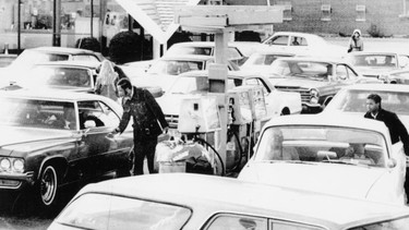 Long lineups at gas pumps were common during the 1973 oil embargo.