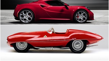 An Alfa Romeo 4C (top) juxtaposed with an Alfa Romeo Disco Volante