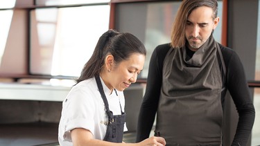 Chefs Niki Nakayama (left) and Jordan Kahn in the Cadillac Electriq Kitchen