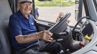 The retirement of long-haul trucker Peter Klassen, 90, "leaves a hole in the industry that will take two or three truckers to fill," say his former bosses at Centralia's Premium Transportation Inc., where he spent nearly as third of his 66-year, 14-million-kilometre career. (Mike Hensen/The London Free Press)