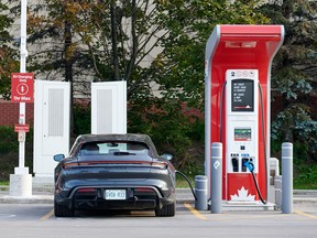 2022 Porsche Taycan Turbo S Cross Turismo charging at a Petro Canada Level 3