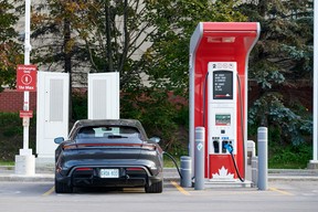 2022 Porsche Taycan Turbo S Cross Turismo charging at a Petro Canada Level 3