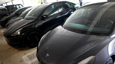 Tesla vehicles in a parking lot on October 21, 2021 in Miami, Florida.