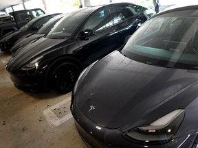 Tesla vehicles in a parking lot on October 21, 2021 in Miami, Florida.