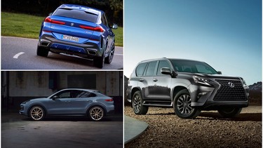 Clockwise from top left: the 2022 BMW X6, Lexus GX, and Porsche Cayenne