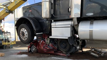 A semi truck crushed a car on Interstate 5, near Mount Vernon, Washington