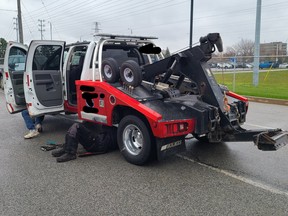 Tow truck found with defective brakes.