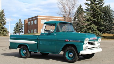 Marvin Thompson bought this 1959 Chevrolet Apache to help supplement his income as he worked part time as an electrician. The Barden rear bumper was an aftermarket accessory. In 2017, his son, Ron, got the truck and with help from Doug Waddell, performed a cosmetic restoration.