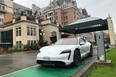 The future meets the past as the 2021 Porsche Taycan Cross Turismo charges up in the driveway of the iconic Fairmont Empress Hotel overlooking Victoria's Inner Harbour.
