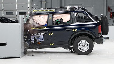 The 2021 Ford Bronco undergoing an IIHS small-overlap crash test