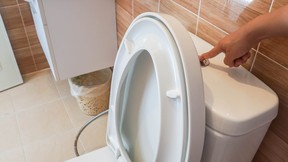 Closeup of woman flushing the toilet with the toilet seat up.