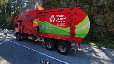 Garbage truck burning on the Trans-Canada Highway