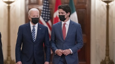 United States President Joe Biden and Justin Trudeau, Prime Minister of Canada, arrive for the North American Leaders’ Summit (NALS) at the White House in Washington, DC, November 18, 2021.